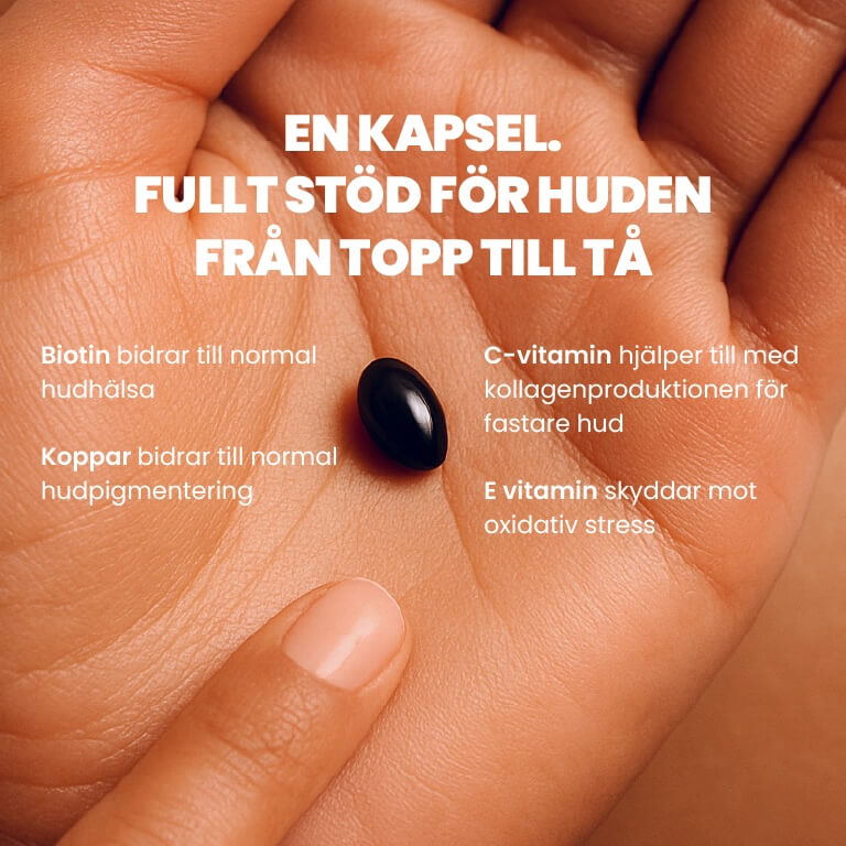 En kapsel för heltäckande hudvård – med biotin, zink, koppar, C- och E-vitamin för fast, frisk och skyddad hud.